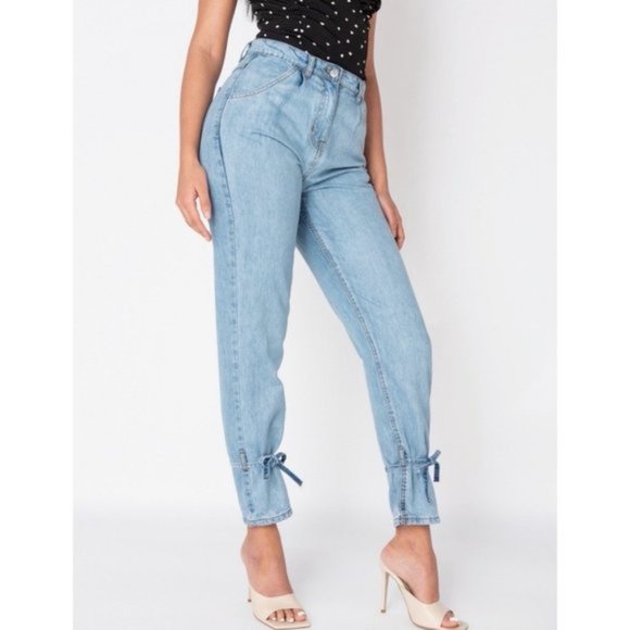 Blue High Waist Tie Detail Straight Leg Jeans Denim Pants - Picture 7 of 17